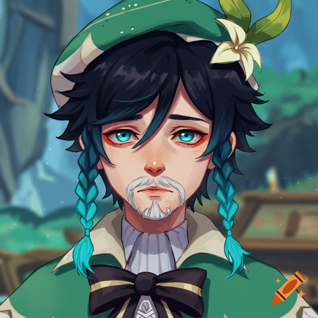 Portrait of Venti from Genshin Impact with blue braids, goatee, and green hat.