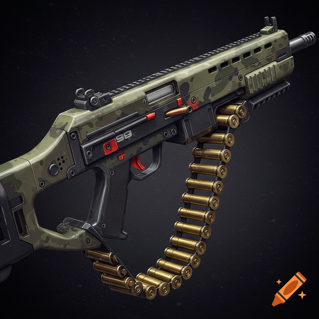 A stylized belt-fed submachine gun with a camouflage pattern.