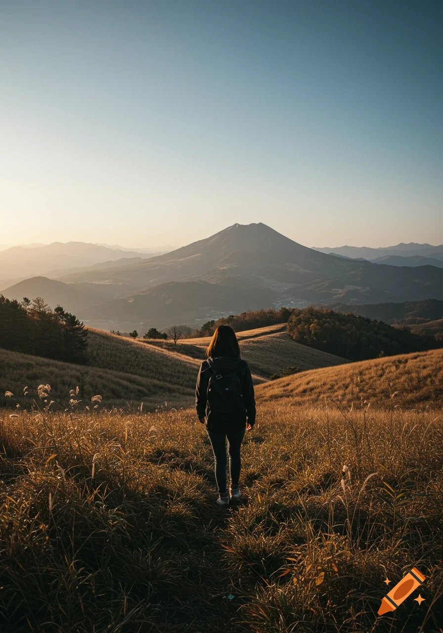 A person stands on a grassy hill overlooking mountains at sunset.