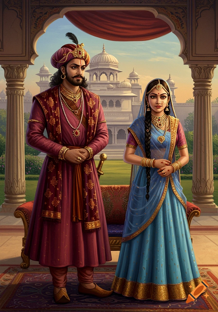 Indian royals in traditional attire standing before a palace