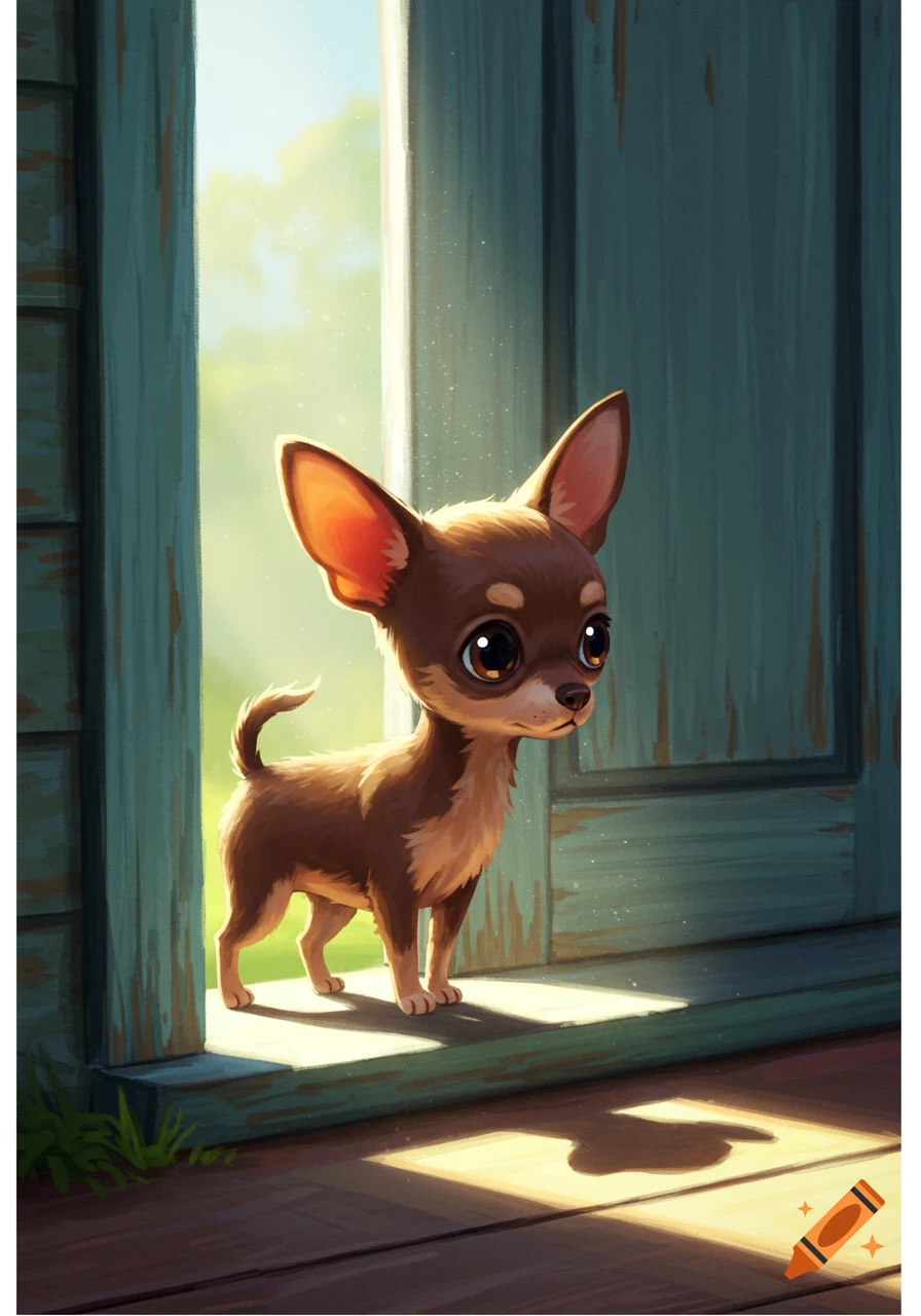A cute chihuahua puppy stands in a sunlit doorway.