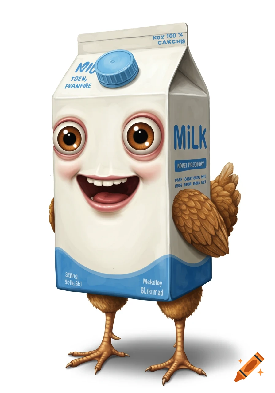 A cartoon milk carton with a face, chicken wings, and legs, standing on a white background.