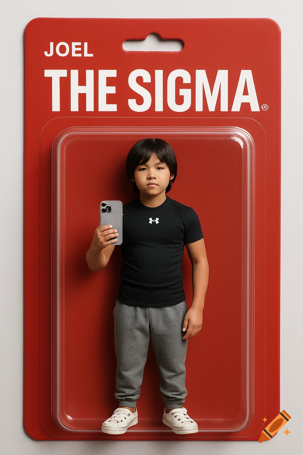 Child posed as an action figure in red packaging, holding a smartphone.