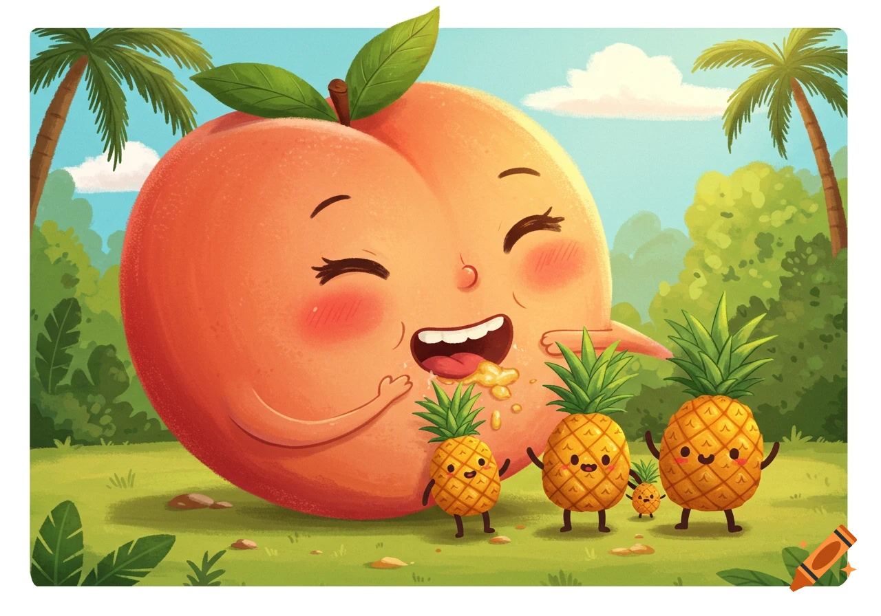 Cartoon illustration of a giant happy peach looking down at smiling pineapples in a tropical setting.