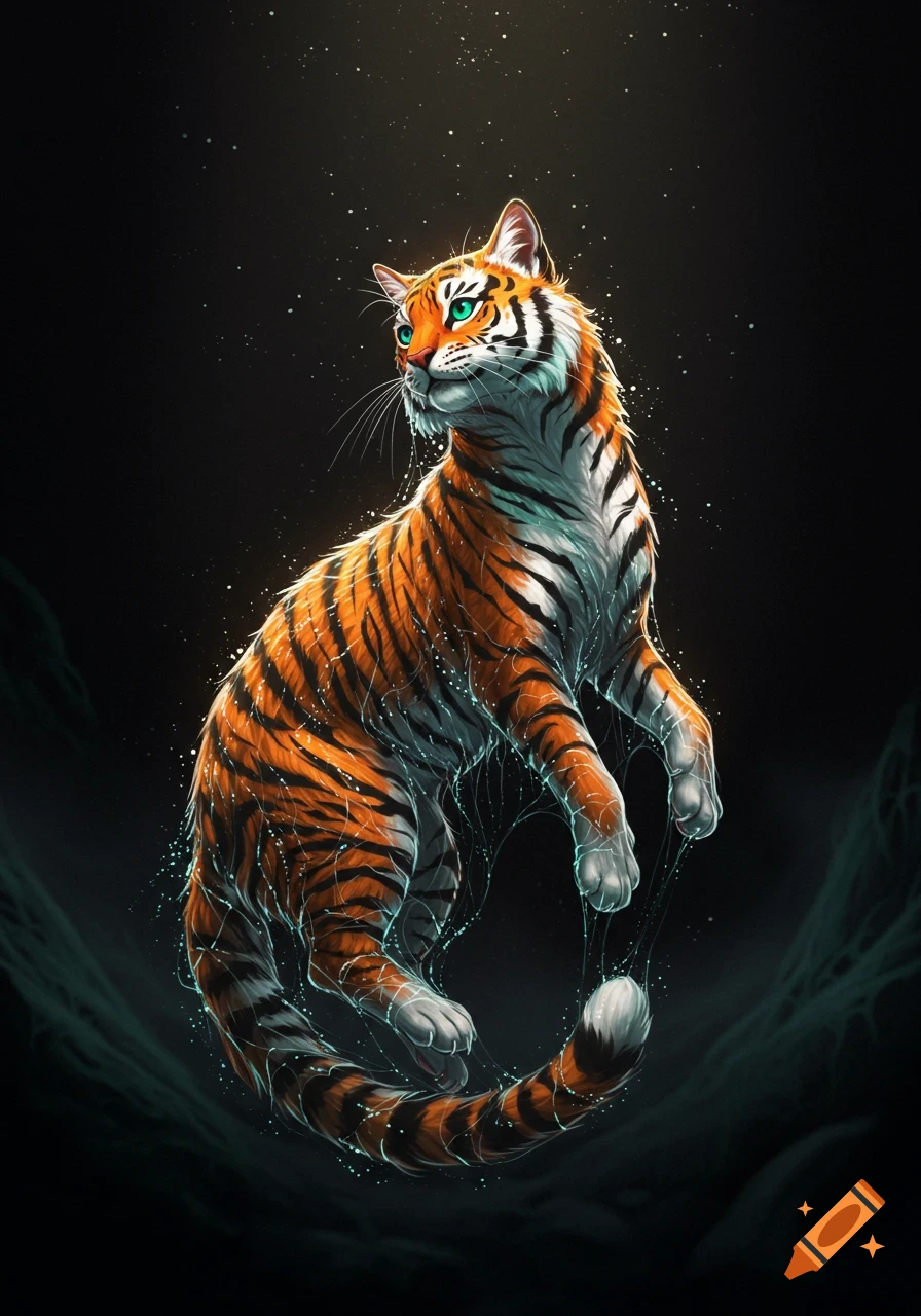 A tiger suspended by glowing threads in darkness