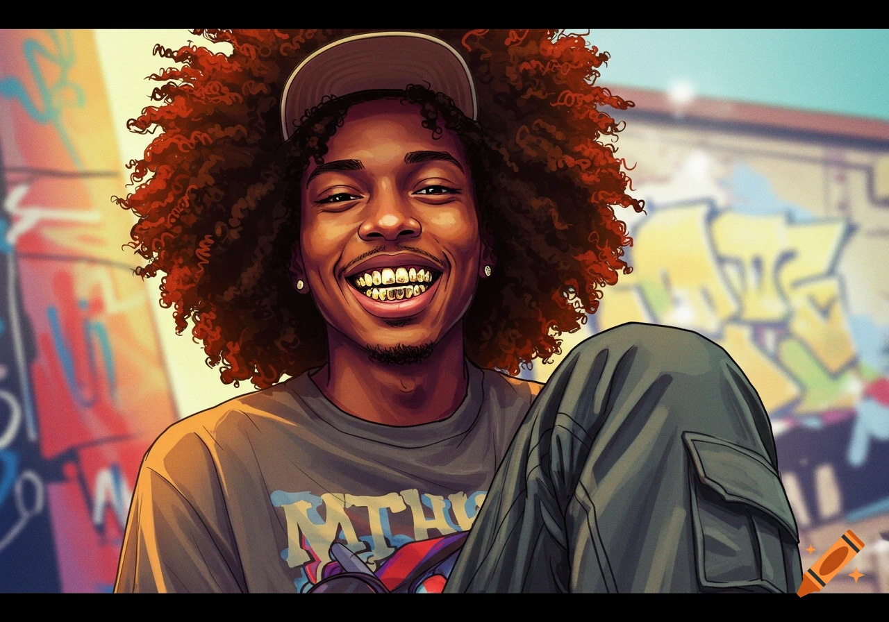 Stylized image of a smiling man with curly hair and gold grills, wearing a shirt, in front of graffiti.