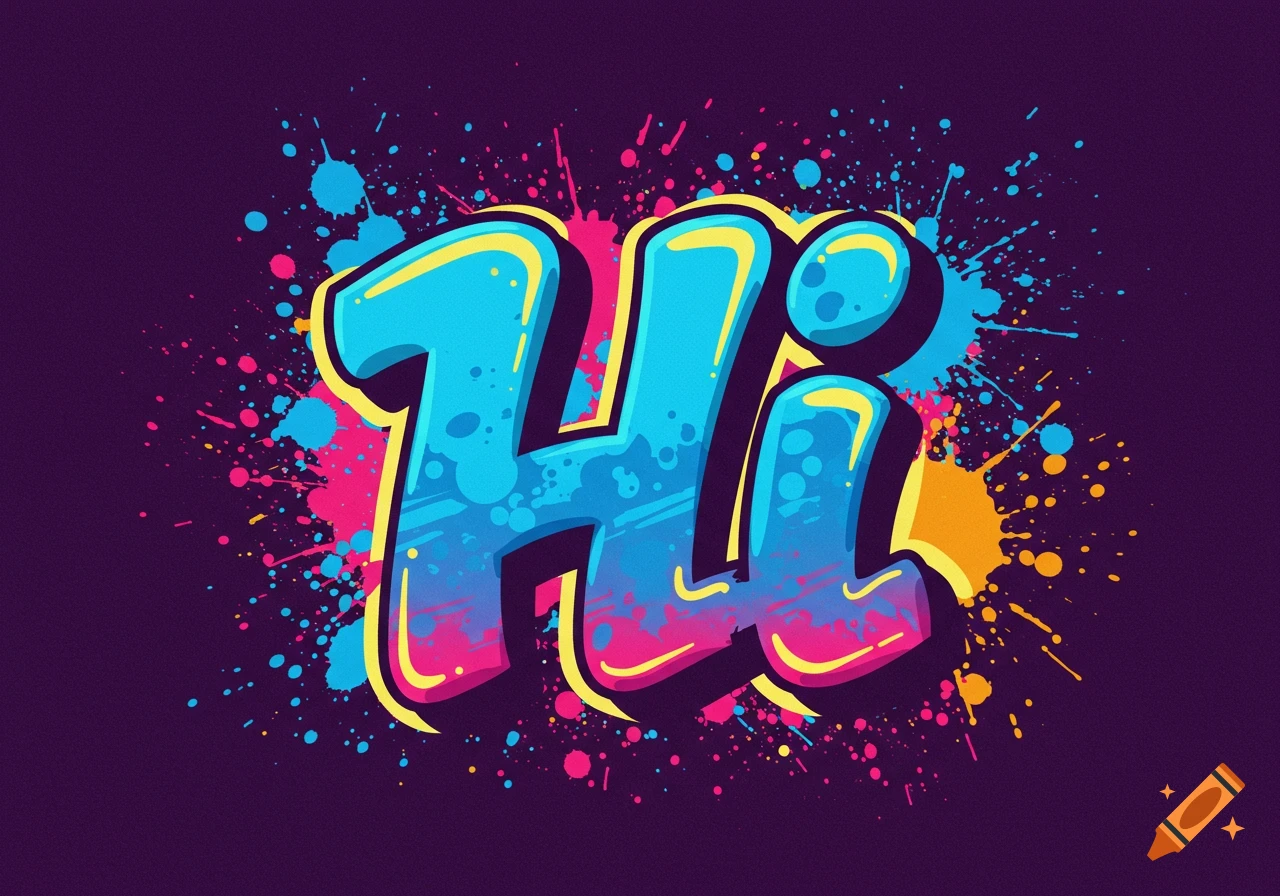 Stylized text reading "Hi" in a colorful graffiti font with paint splatters.