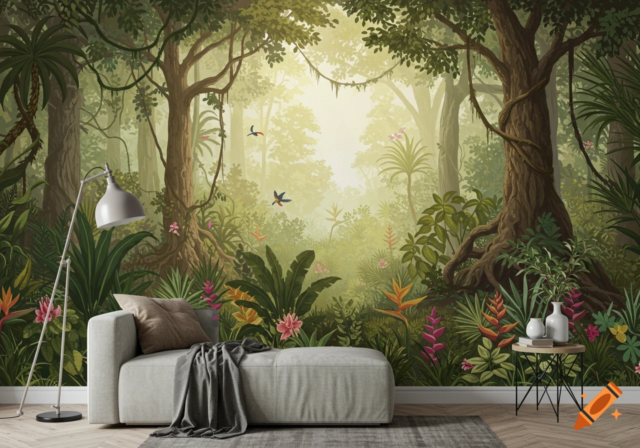 Sofa, lamp, and table in front of a jungle wallpaper with trees, plants, flowers, and birds.