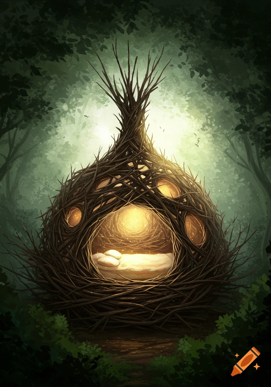 A magical nest-like dwelling with a bed inside, bathed in light in a forest.