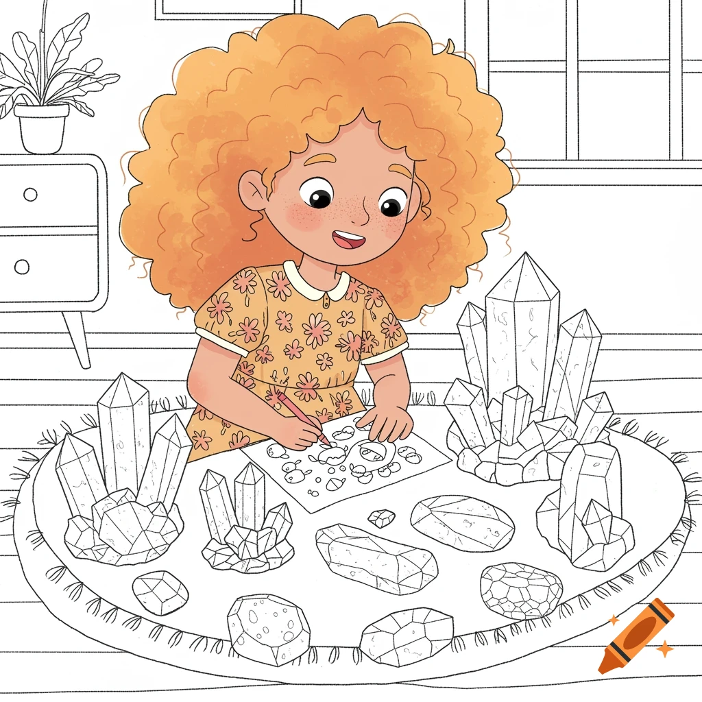 Illustration of a girl coloring crystals on a rug in a room, coloring page style