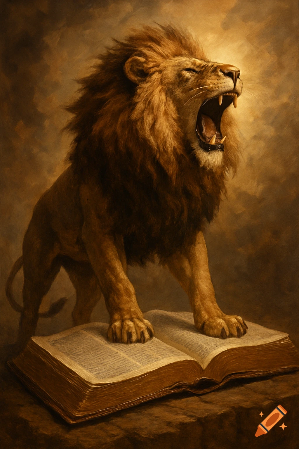 A roaring lion stands on an open book.