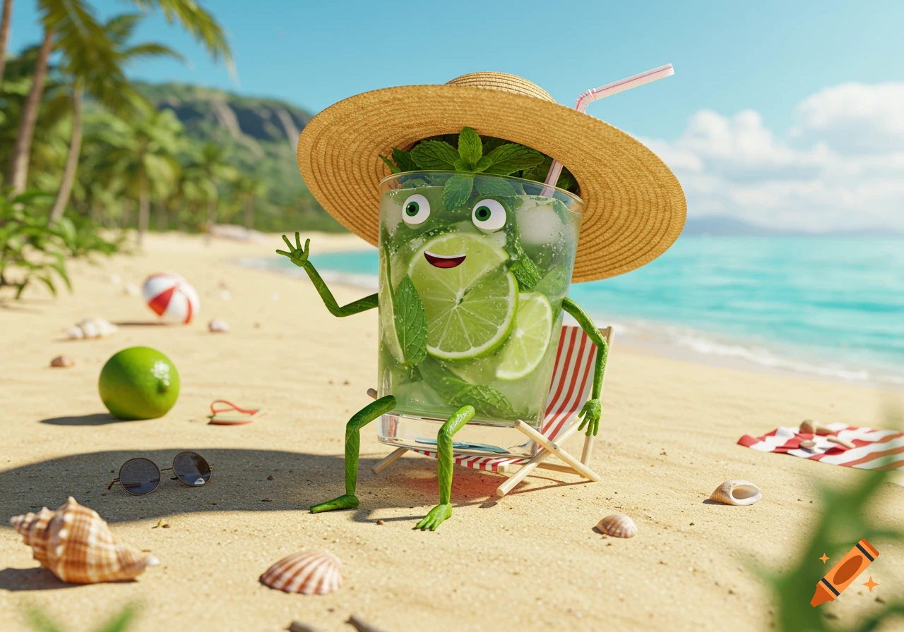 A cartoon mojito character with eyes, hands, and legs sits on a beach chair on a sunny beach, wearing a straw hat and waving. Realistic 3D render.