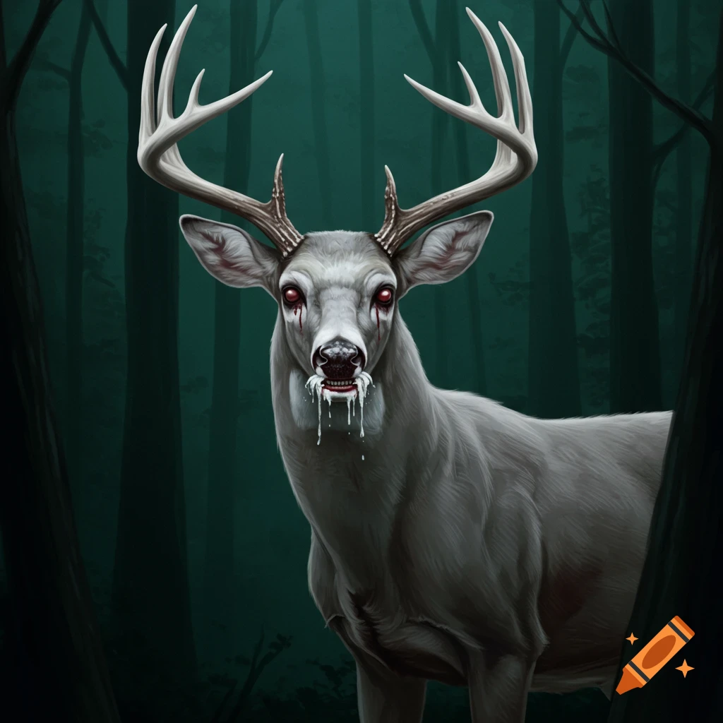 A white deer with red eyes and dripping mouth in a dark forest.