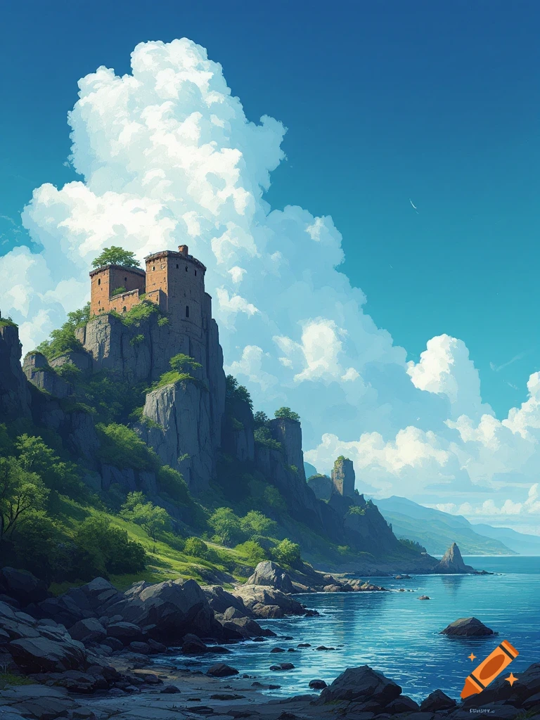 A castle sits precariously on a steep cliff, looking out over a bright blue sea. The sky above is filled with clouds.