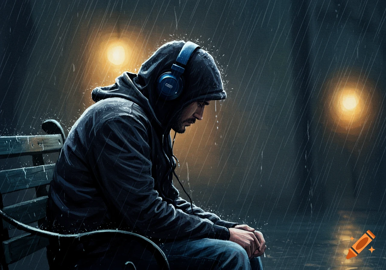 A man sits alone on a bench in the rain with headphones.