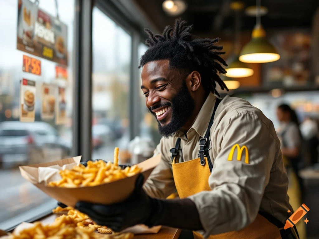 A man wearing a McDonald's uniform smiles while holding a large container of french fries in a restaurant.