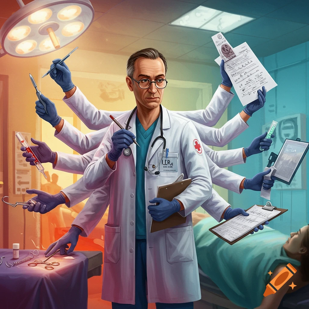 A doctor with six arms simultaneously performing various medical tasks in an operating room.