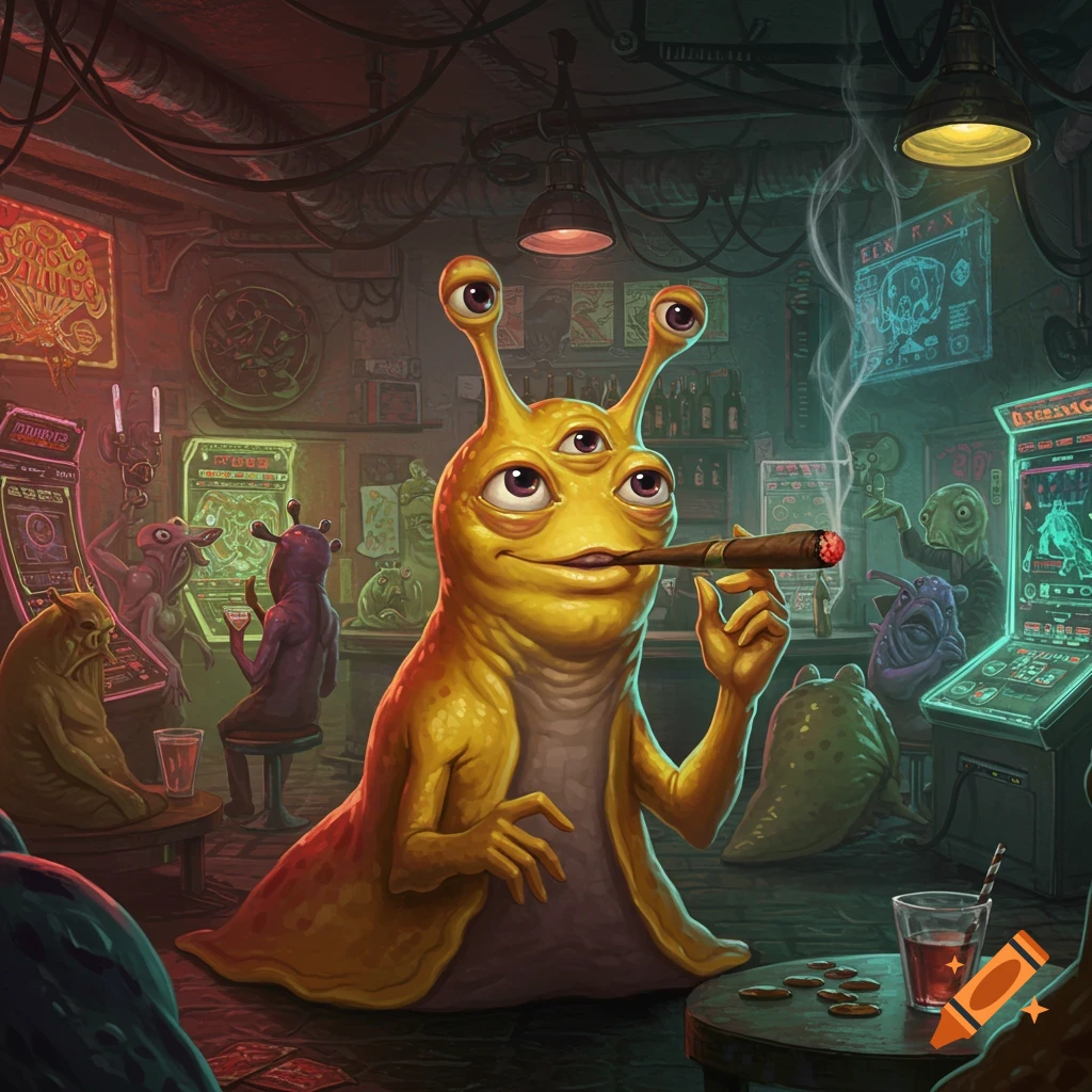 A yellow four-eyed slug character smoking a cigar in a seedy science fiction bar with alien patrons and neon signs.