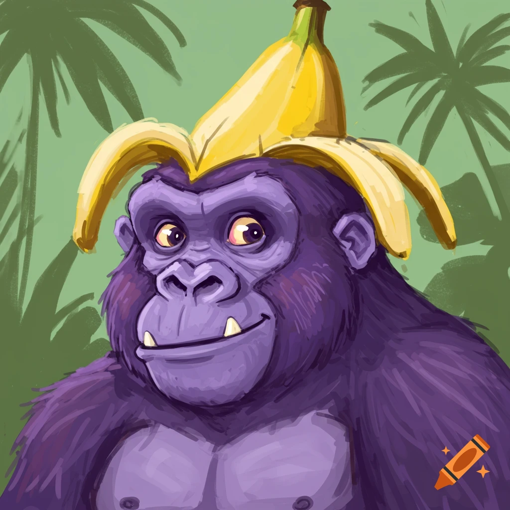 Purple gorilla wearing a banana peel hat