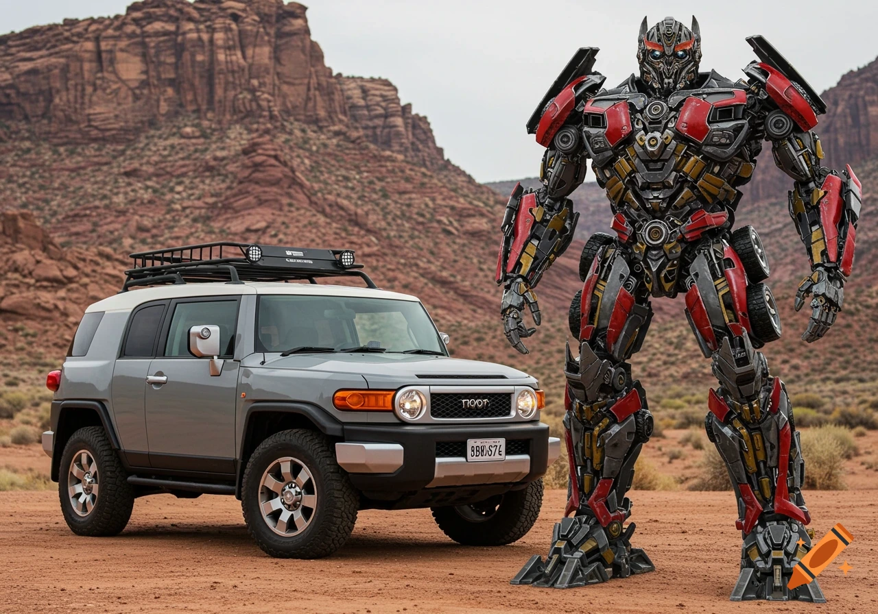 A Transformer-like robot stands next to a grey SUV in a desert landscape.