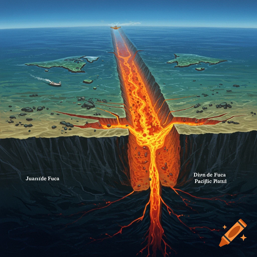 Cross-section of a deep ocean rift zone with rising magma between tectonic plates.