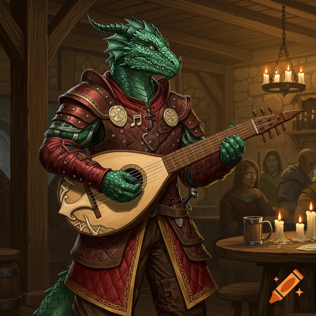 A green dragonborn in red armor plays a lute in a crowded tavern.