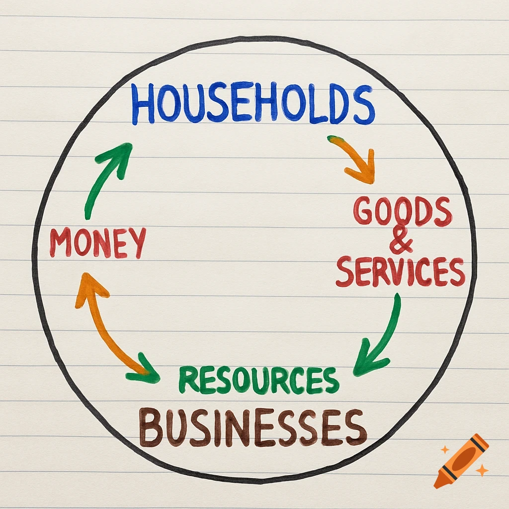 Diagram illustrating the circular flow of money, goods, services, and resources between households and businesses, drawn in a simple style on lined paper.