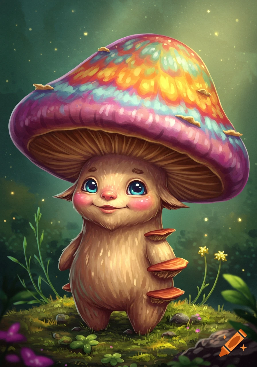 A cute mushroom creature with a colorful cap stands in a forest clearing, digital art.