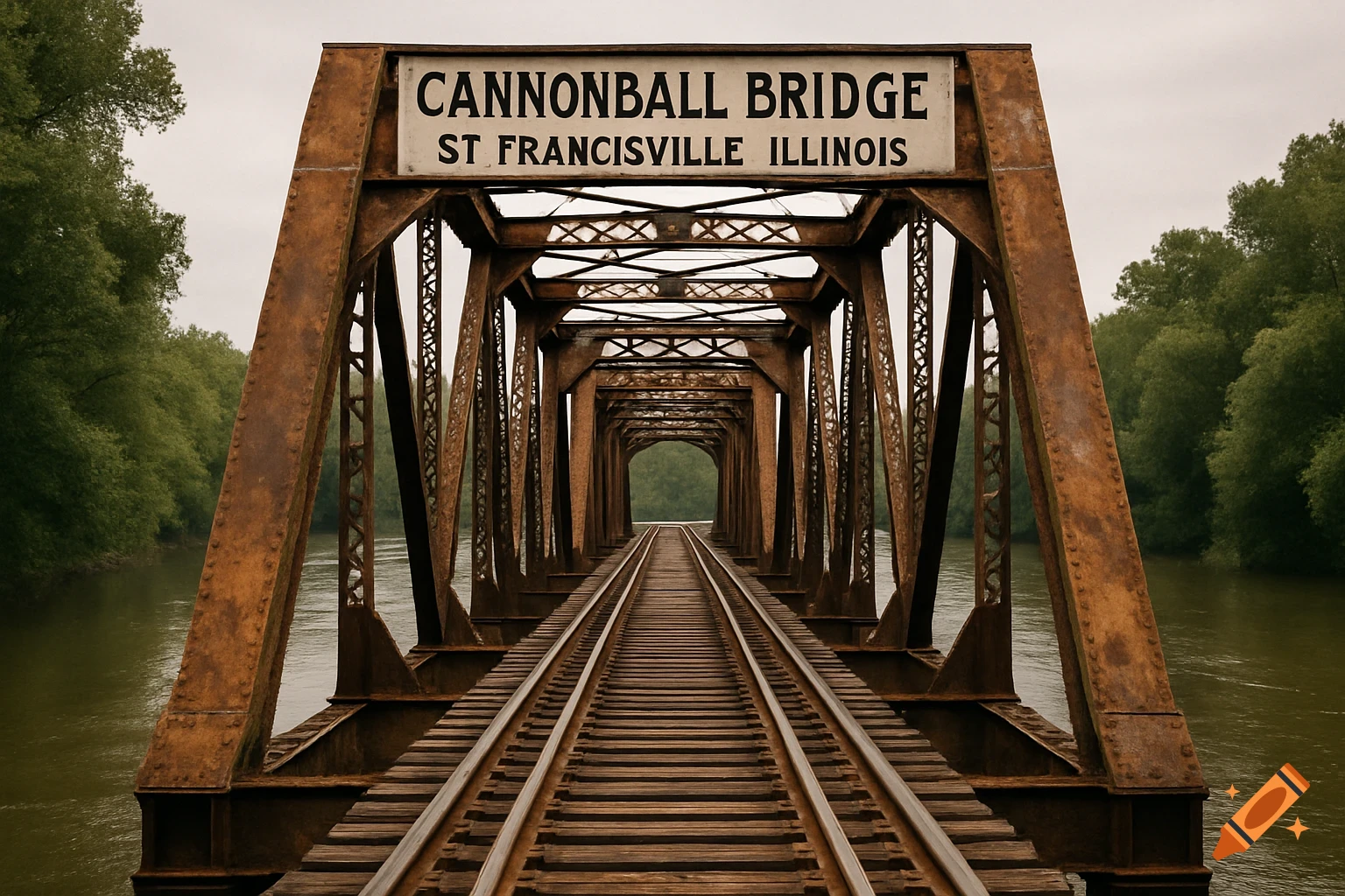 A view looking down the tracks of an old, rusty railroad bridge over a river with a sign saying 'Cannonball Bridge St Francisville Illinois'.