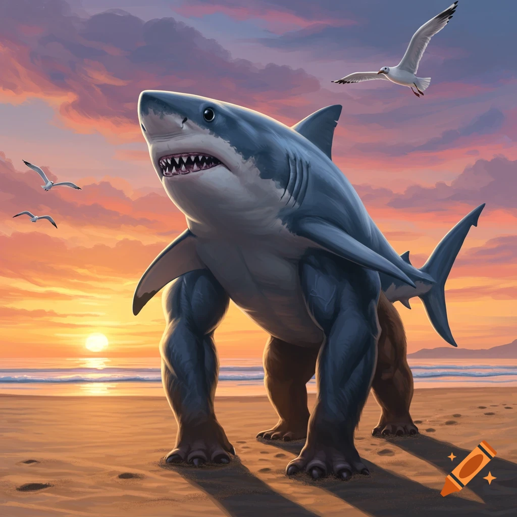 A muscular walking shark stands on a beach at sunset, with seagulls flying nearby.