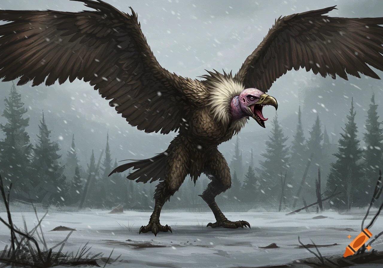 A large, monstrous vulture-like creature with broad wings stands in a snowy forest.