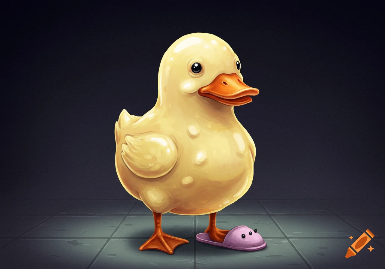 A stylized illustration of a yellow rubber duck wearing one purple slipper.