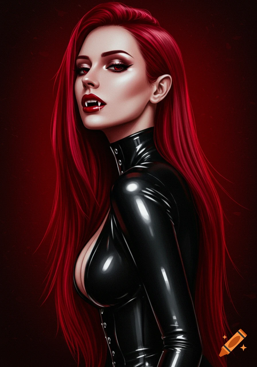 A woman with striking red hair, vampire fangs, and a black latex outfit.
