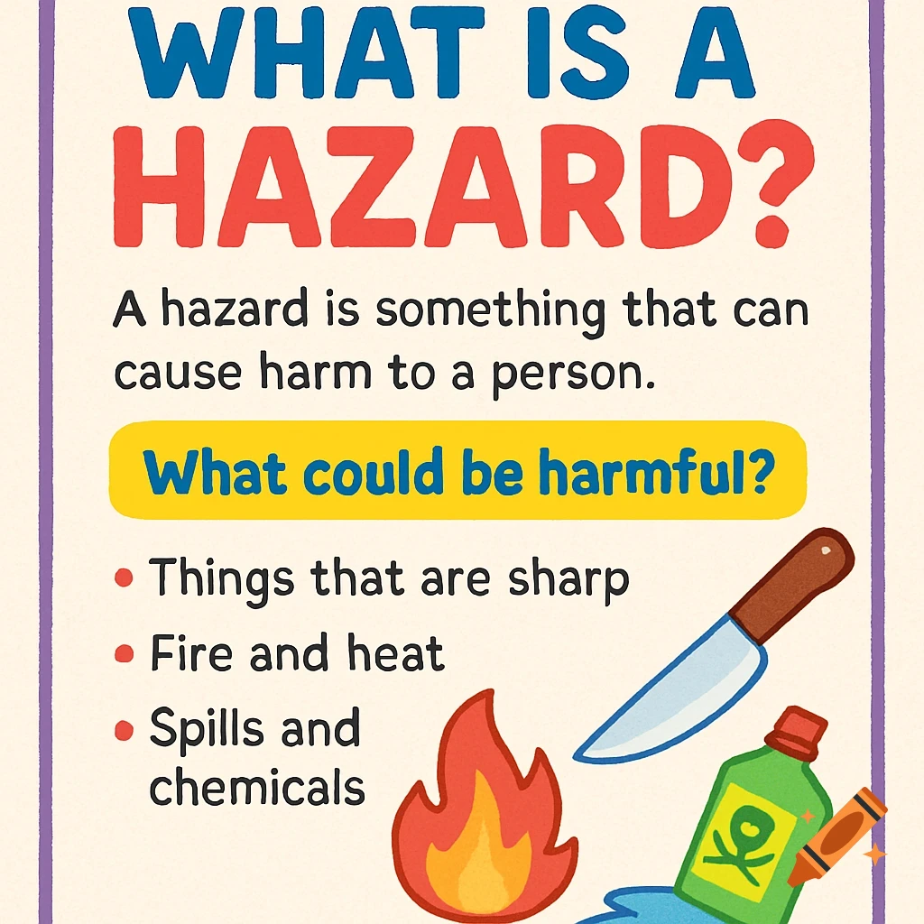 Educational poster explaining what a hazard is for kids, with text and illustrations of a knife, fire, and chemicals.
