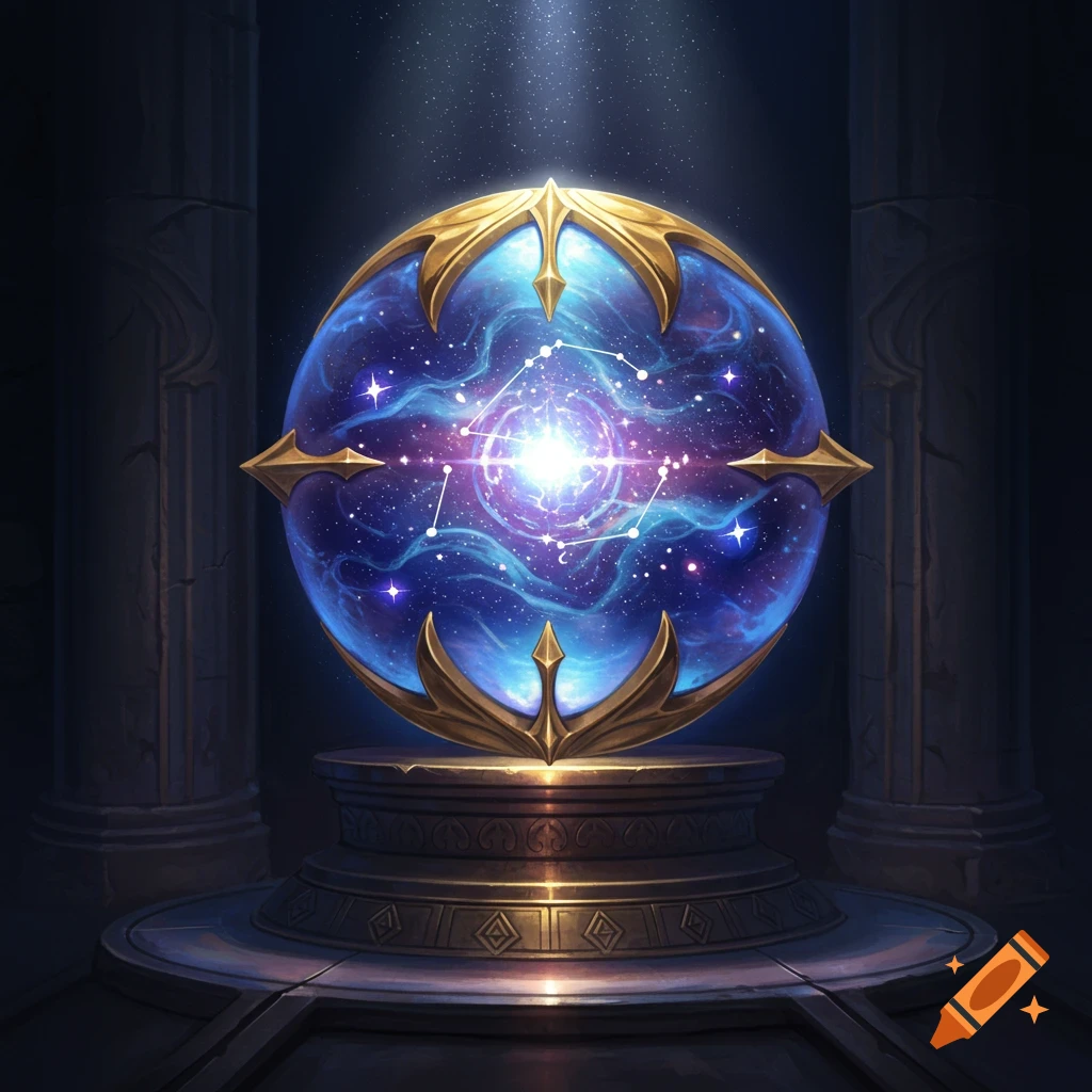 A glowing cosmic fantasy orb on a pedestal