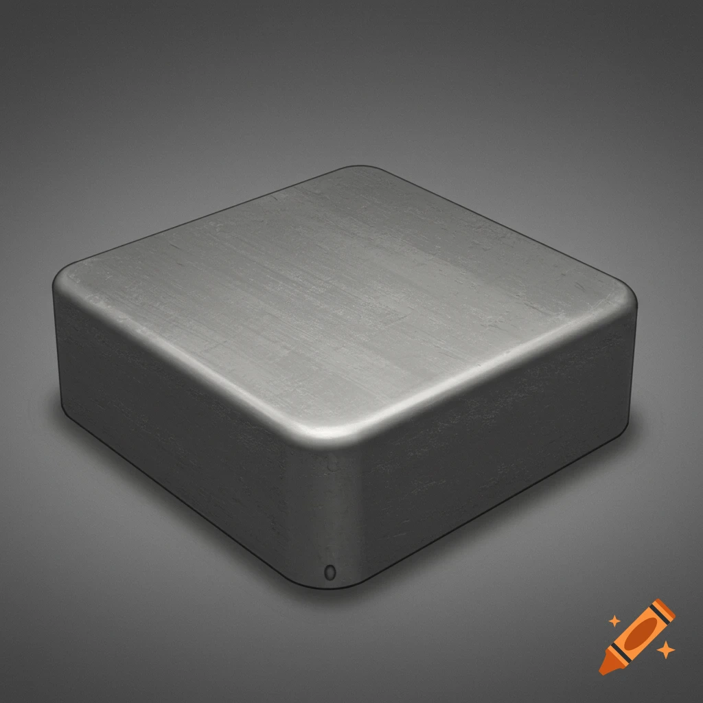 A 3D render of a gray metal box with rounded corners on a gray background.