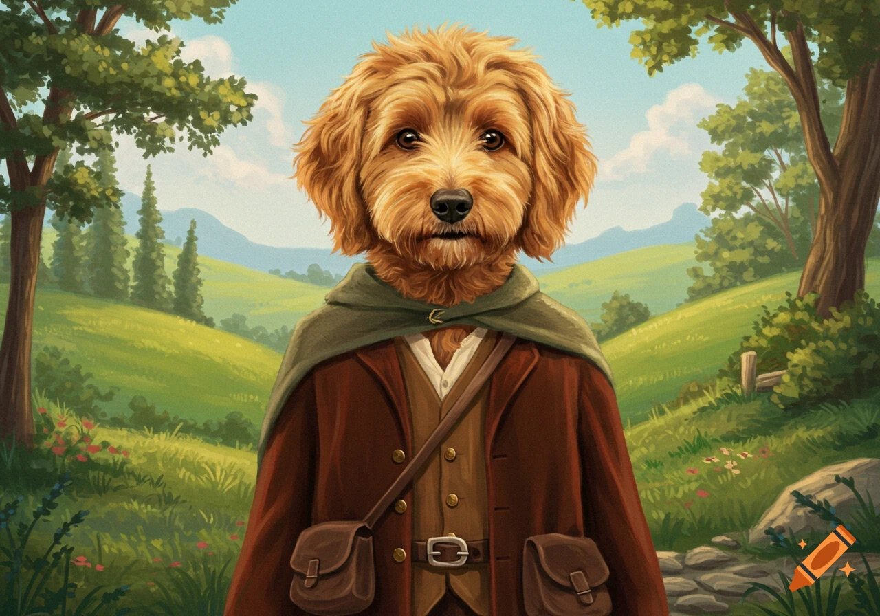 A golden doodle dressed like Frodo Baggins in a hilly landscape.