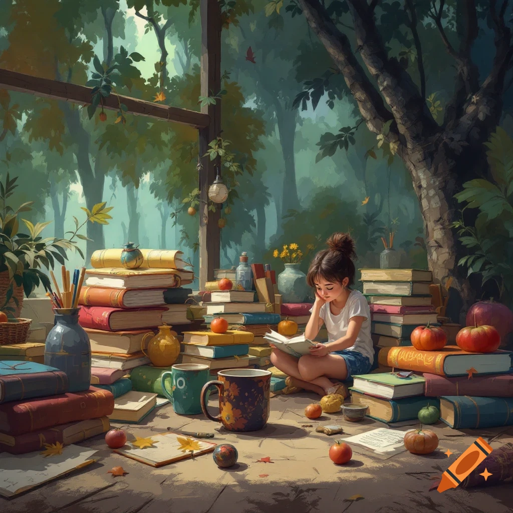 A young girl reading on the floor surrounded by stacks of books, pumpkins, and fall leaves.