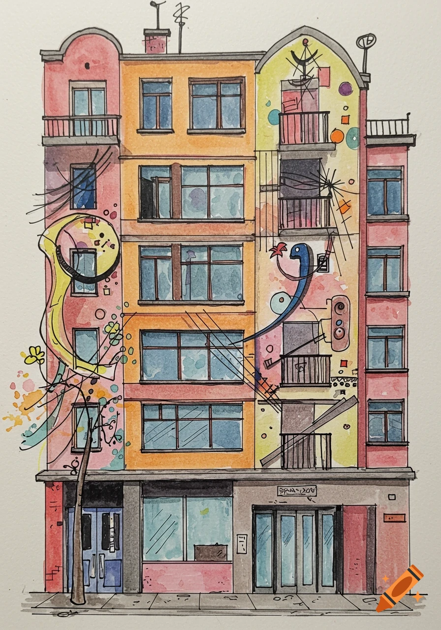 Colorful hand-drawn watercolor illustration of an apartment building facade with abstract shapes.
