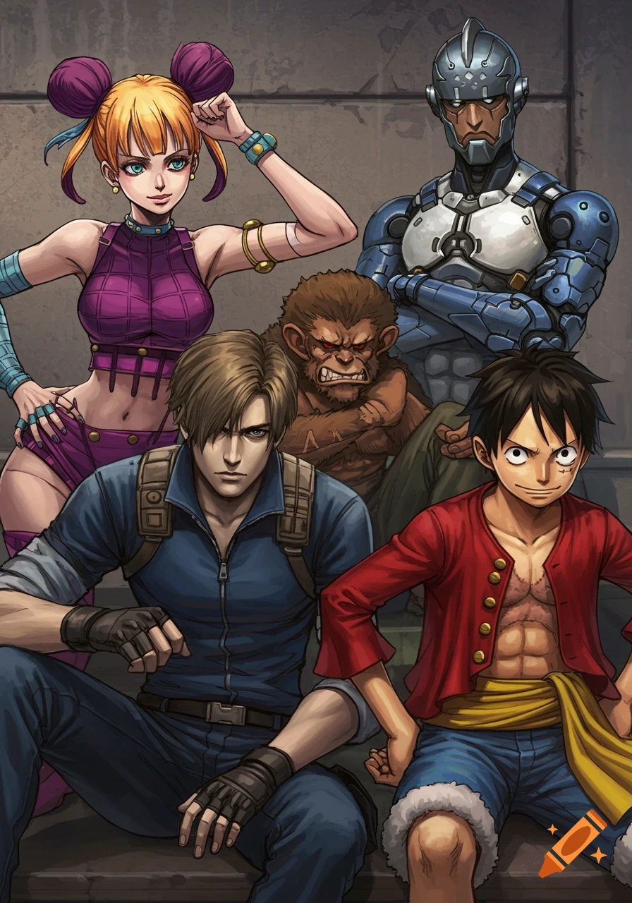 Anime-style illustration of Mista, Leon Kennedy, Monkey D. Luffy, and Zenyatta sitting together.