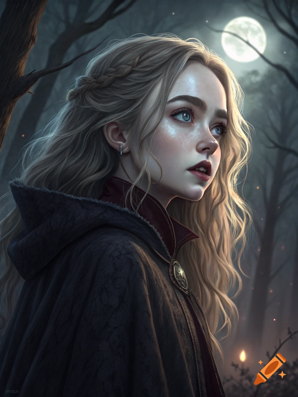 Fantasy portrait of a blonde woman in a dark cloak looking at the moon in a forest at night, digital art.