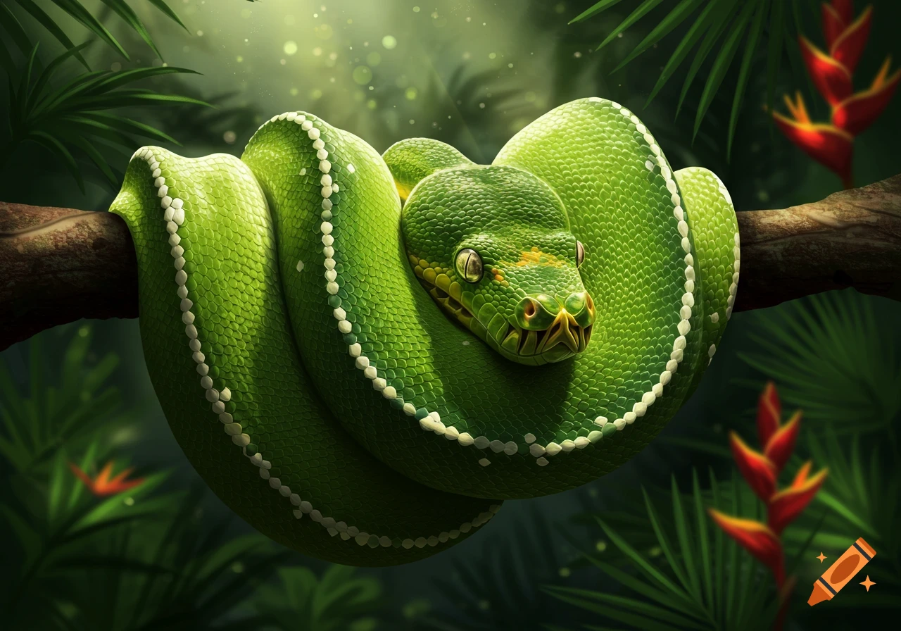 A bright green snake coiled on a branch in a lush jungle.