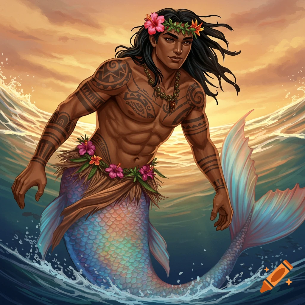 Ocean Merman Polynesian merman with tattoos, grass skirt, and flowers swimming in ...
