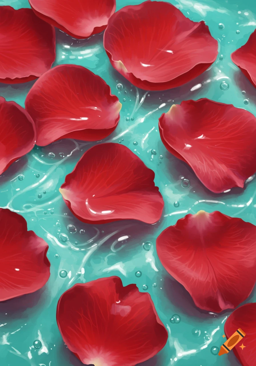 Red rose petals floating on blue liquid with bubbles.