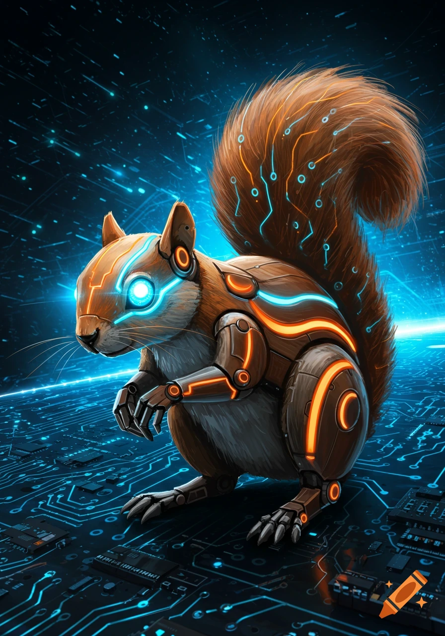 A robotic squirrel with glowing lines on a circuit board background.