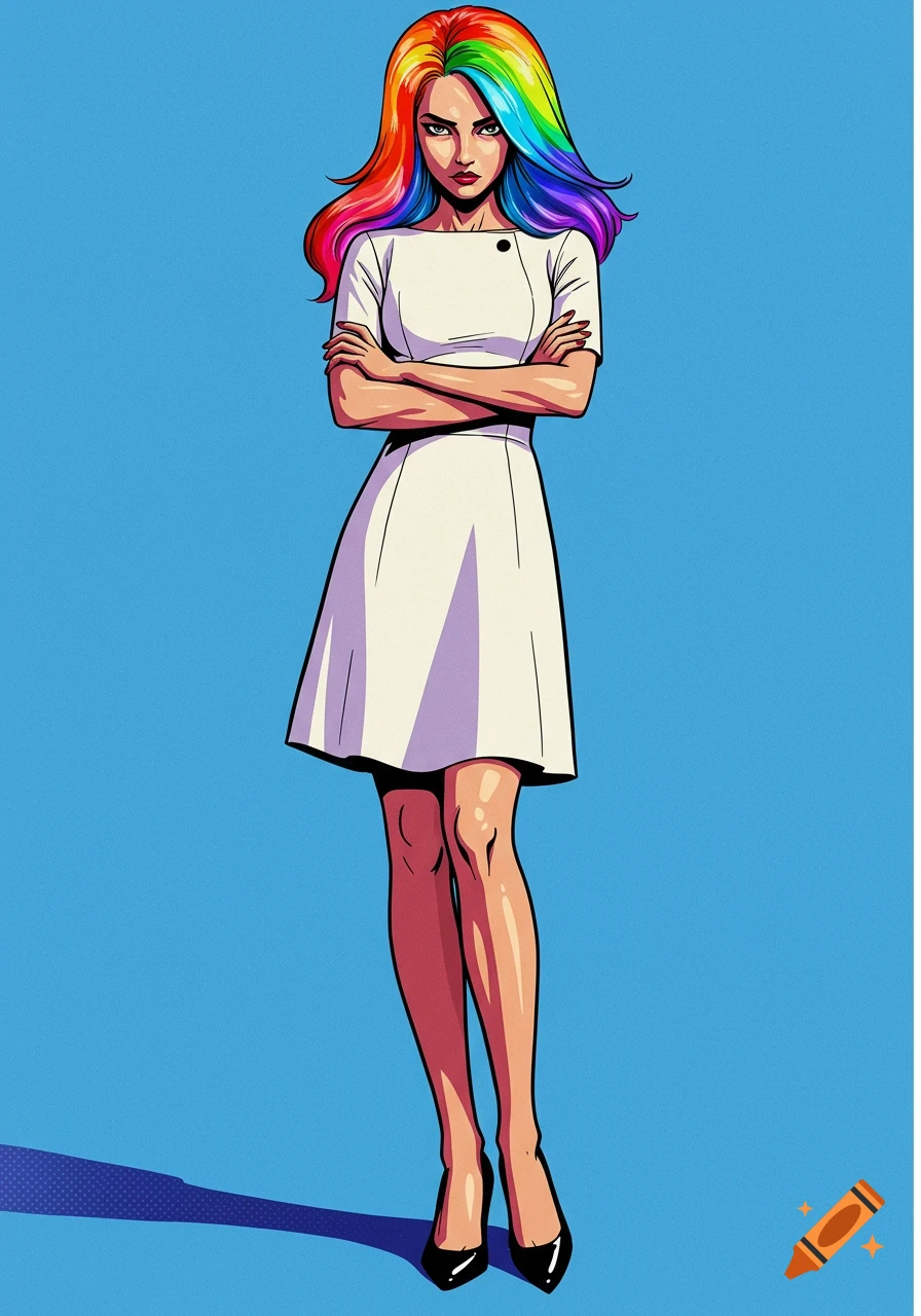 Illustration of a serious woman with rainbow hair, wearing a white dress and heels, standing with arms crossed against a blue background.