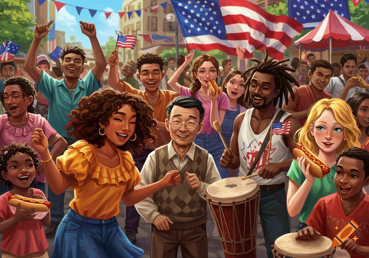 A diverse crowd celebrates at an American festival, with flags, food, and music evident.