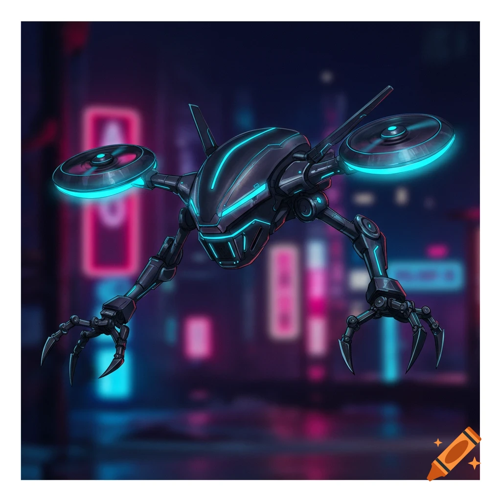 Anime style futuristic drone killbot hovering in a neon city