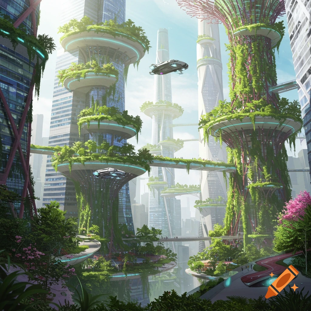 A futuristic city balanced with nature, showing tall buildings overgrown with plants, skybridges, and vehicles.