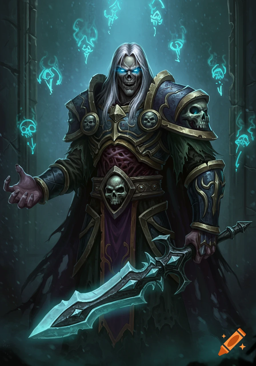 A skeletal warrior in dark armor adorned with skulls, holding a glowing sword, surrounded by spectral symbols.